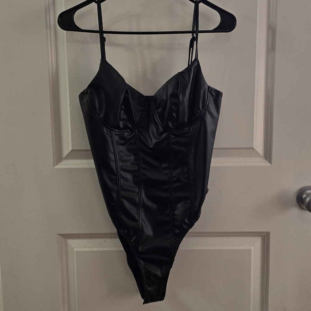 Pleather Corset Bodysuit - Shein
